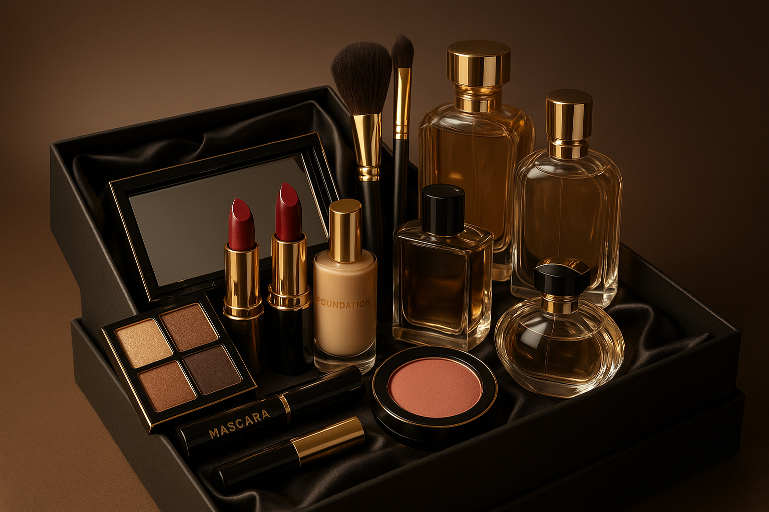 Génère-moi un Photos de coffret de maquillage et Parfum